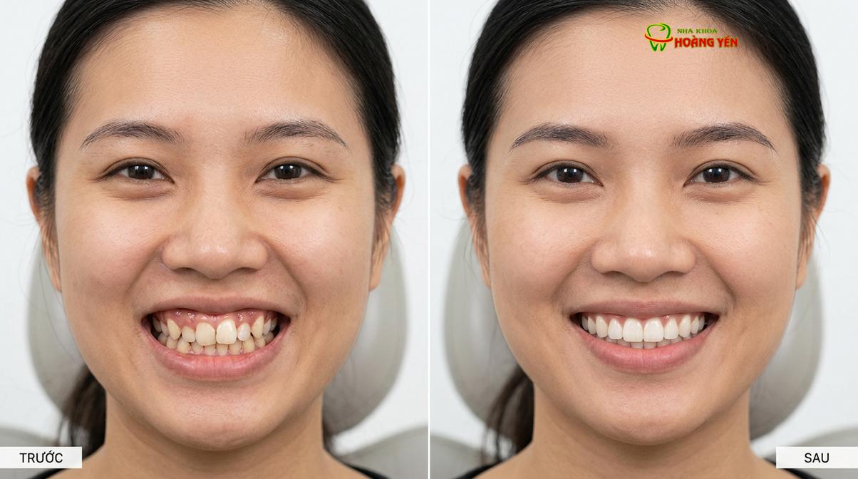 Hình ảnh thực tế cải thiện tình trạng răng khấp khểnh, mang lại nụ cười đều đặn và khớp cắn chuẩn.