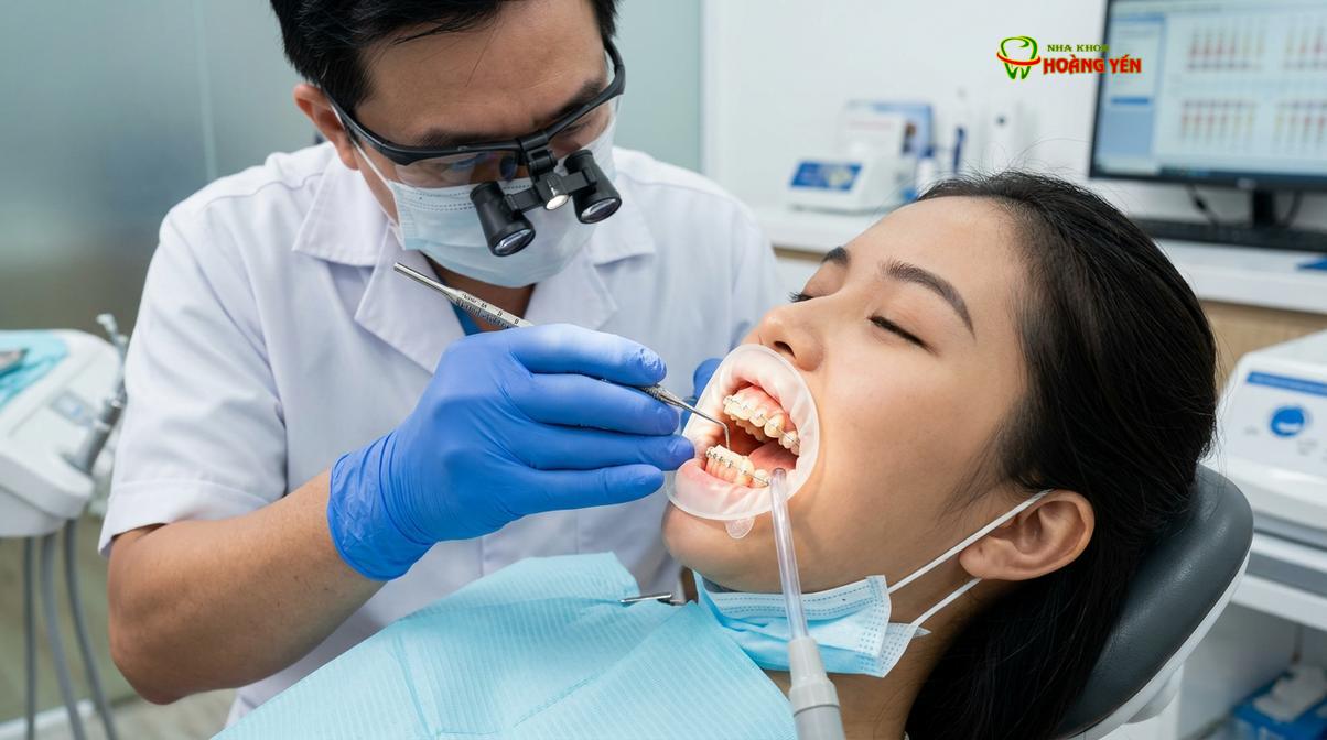 Bác sĩ nha khoa tiến hành đo túi nha chu và đánh giá mức độ tụt lợi để có phương án điều chỉnh lực siết phù hợp.