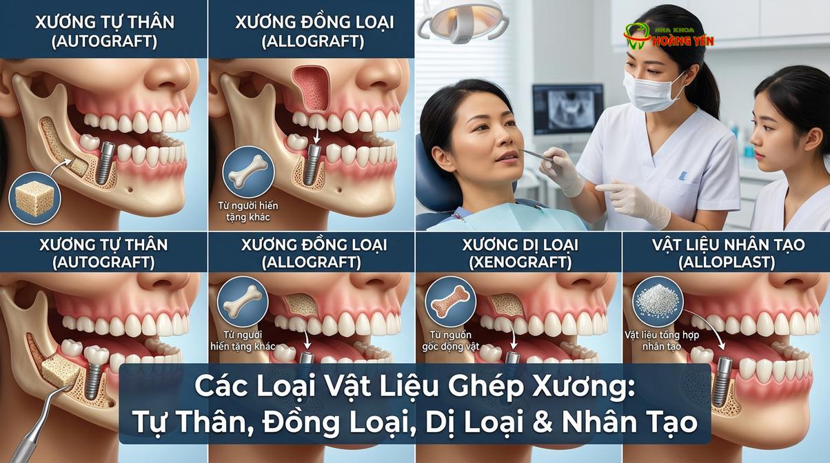 Minh họa các nhóm vật liệu sinh học được ứng dụng trong phẫu thuật tái tạo xương hàm.