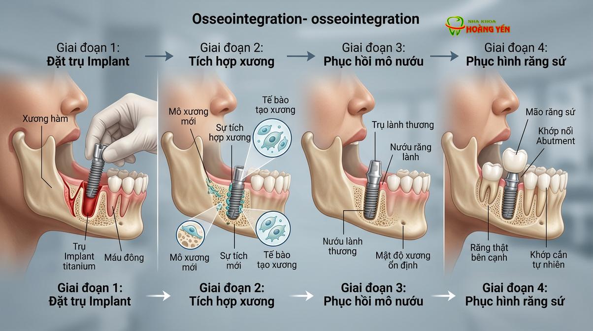 Quá trình tích hợp và tái cấu trúc mô xương diễn ra sau khi đặt vật liệu ghép.