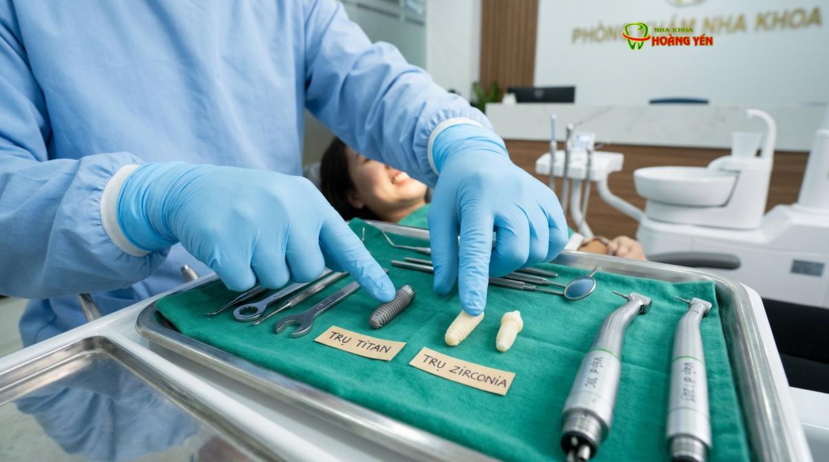 Sự khác biệt về mặt vật lý giữa trụ Titanium truyền thống và trụ Zirconia (Ceramic).