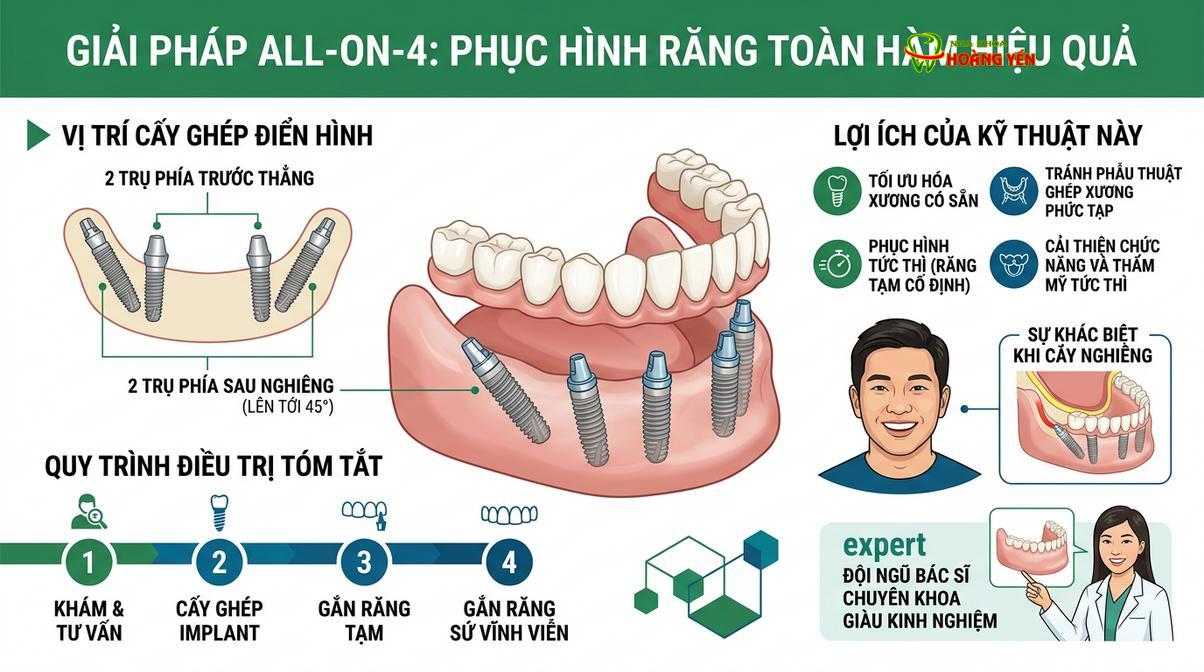 Mô hình kỹ thuật All-on-4 sử dụng 4 trụ implant để nâng đỡ toàn bộ hàm phục hình.