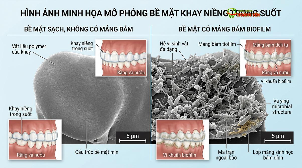 Mô phỏng sự tích tụ mảng bám sinh học trên bề mặt vật liệu nhựa nếu không được làm sạch đúng cách.