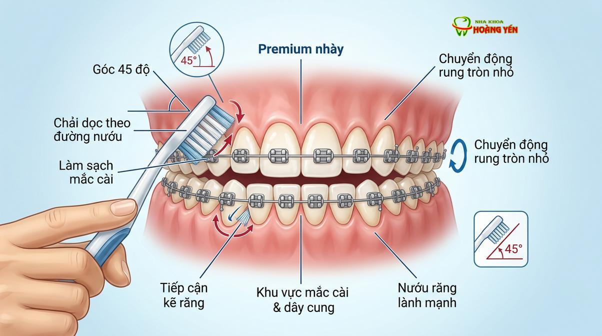 Kỹ thuật chải răng nghiêng góc 45 độ giúp lông bàn chải len lỏi vào rãnh nướu và viền mắc cài.