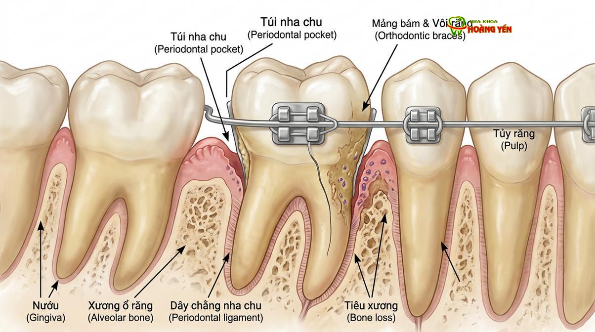 Mô phỏng quá trình vi khuẩn xâm nhập sâu vào túi nha chu và phá hủy xương ổ răng dưới tác động của lực chỉnh nha.