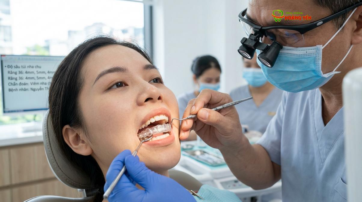 Bác sĩ tiến hành đo độ sâu túi nha chu để đánh giá mức độ tổn thương trong quá trình niềng răng.