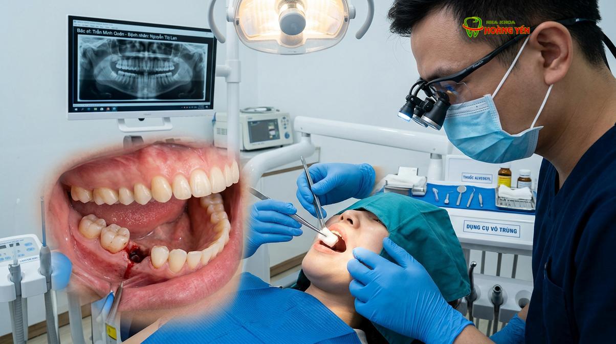 Bác sĩ tiến hành đặt gạc tẩm thuốc chuyên dụng vào huyệt ổ răng để hỗ trợ giảm đau và sát khuẩn.