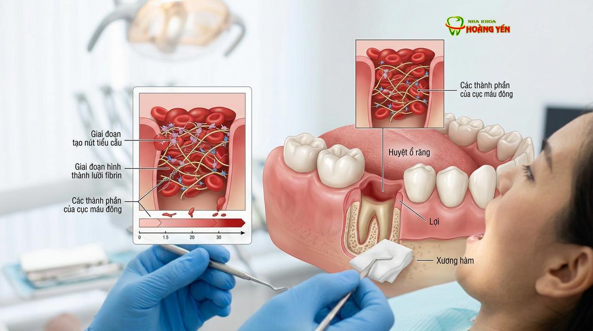 Cơ chế hình thành cục máu đông tại huyệt ổ răng sau khi nhổ.